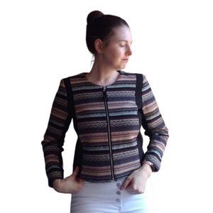 H&M Earth Tone Patterned Woven Stripes Zippered Blazer Jacket Sz 12 NWT